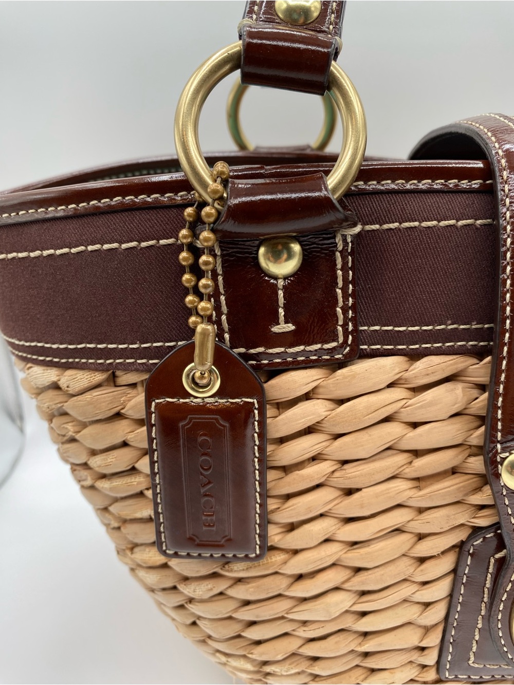 Coach Tan Woven Straw Tote with Dark Brown Leather Trim - Picture 13 of 16